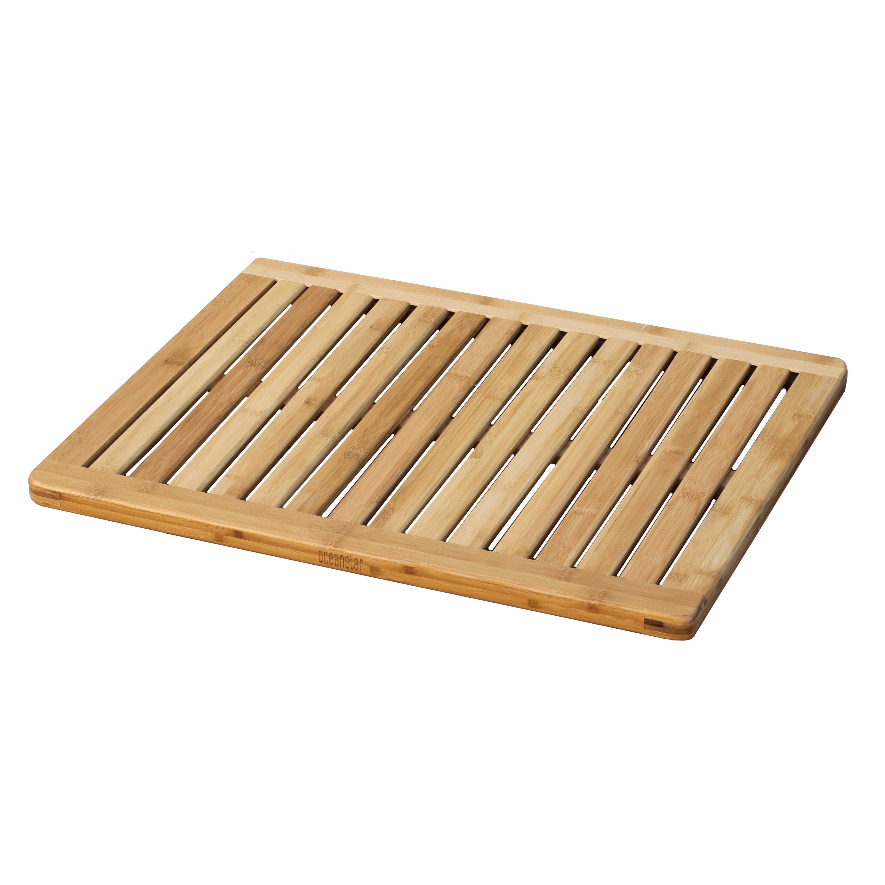 Natural bamboo shower mat featuring a slatted rectangular design with elevated anti-slip rubber feet underneath.