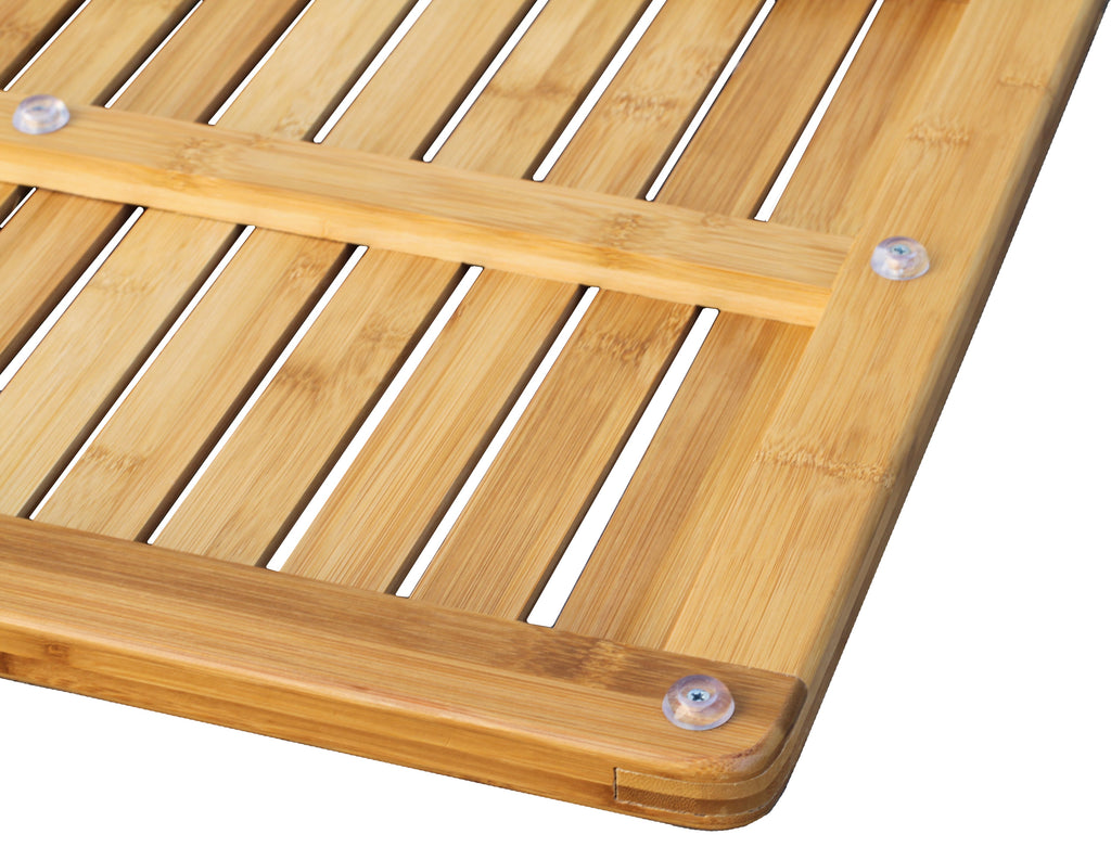 Natural bamboo shower mat featuring a slatted rectangular design with elevated anti-slip rubber feet underneath. — view 2