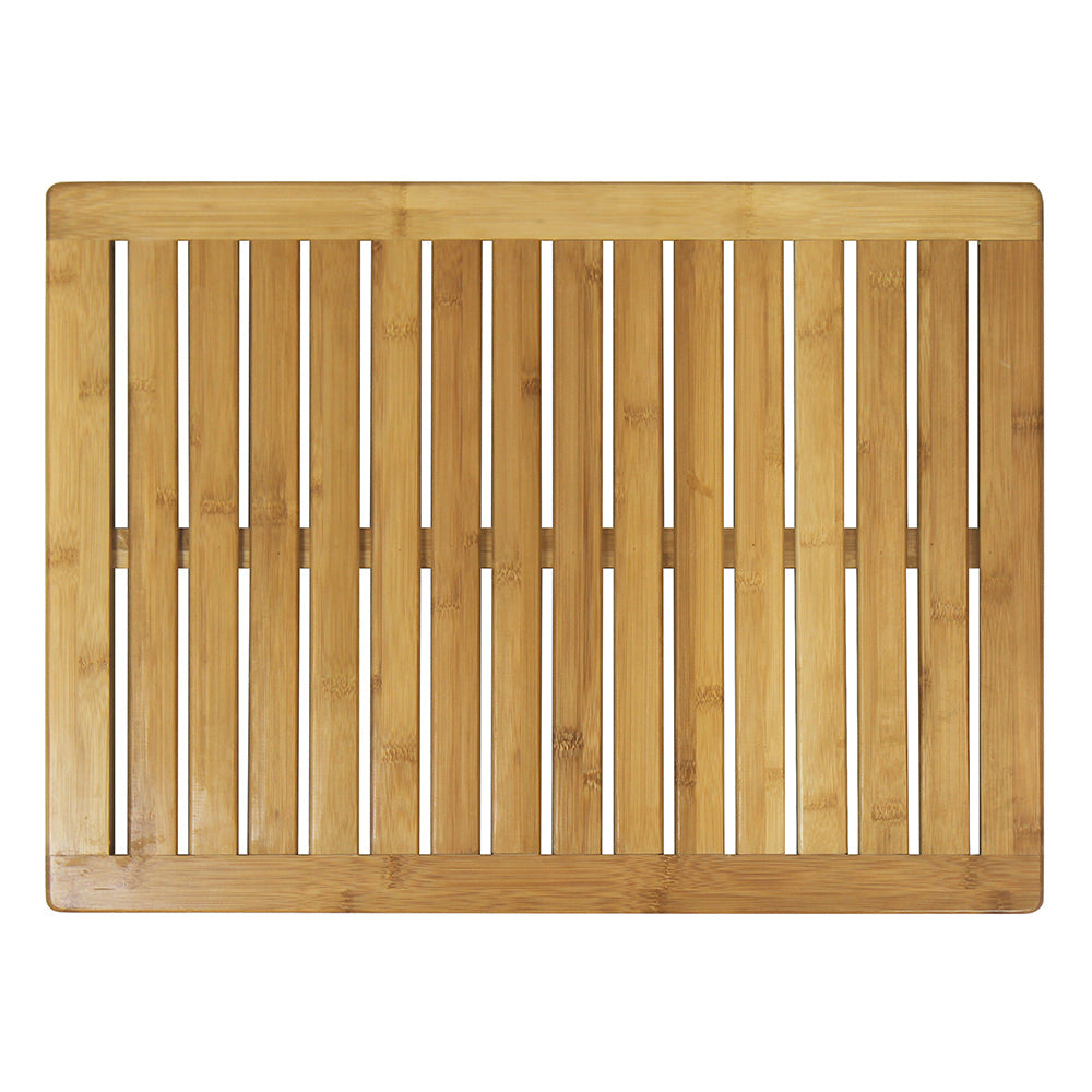 Natural bamboo shower mat featuring a slatted rectangular design with elevated anti-slip rubber feet underneath. — view 4