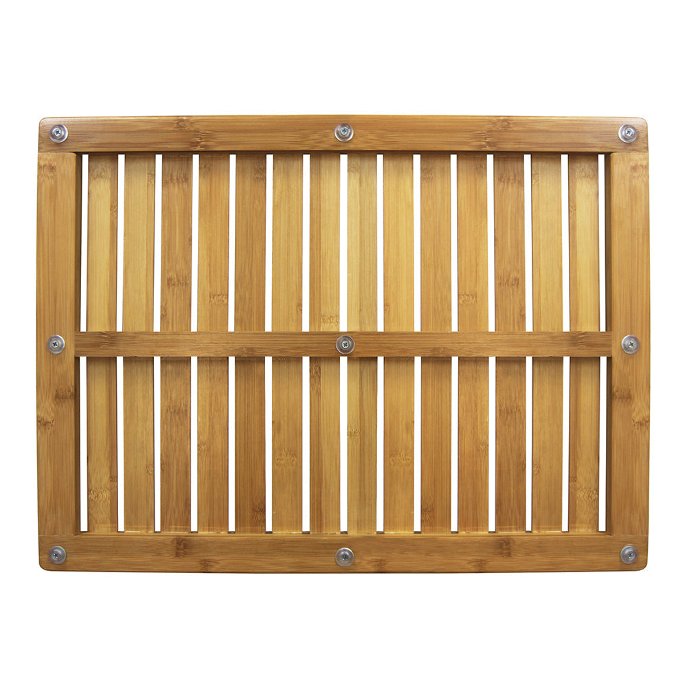 Natural bamboo shower mat featuring a slatted rectangular design with elevated anti-slip rubber feet underneath. — view 3