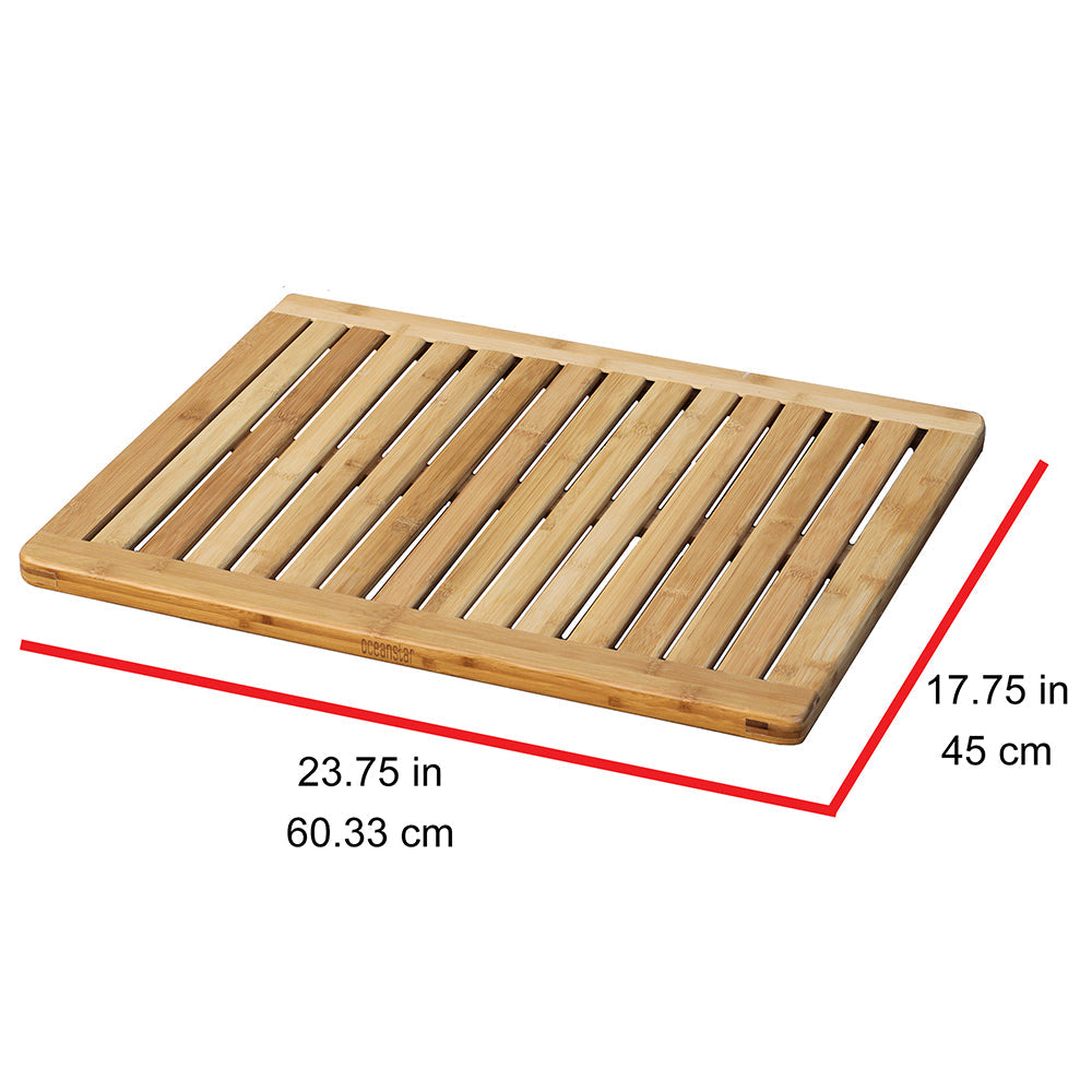 Natural bamboo shower mat featuring a slatted rectangular design with elevated anti-slip rubber feet underneath. — view 5