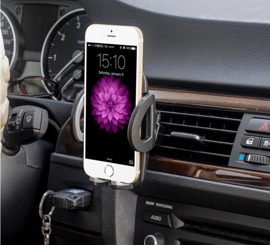 Black universal car air vent phone mount holder with adjustable cradle and secure clip — view 4