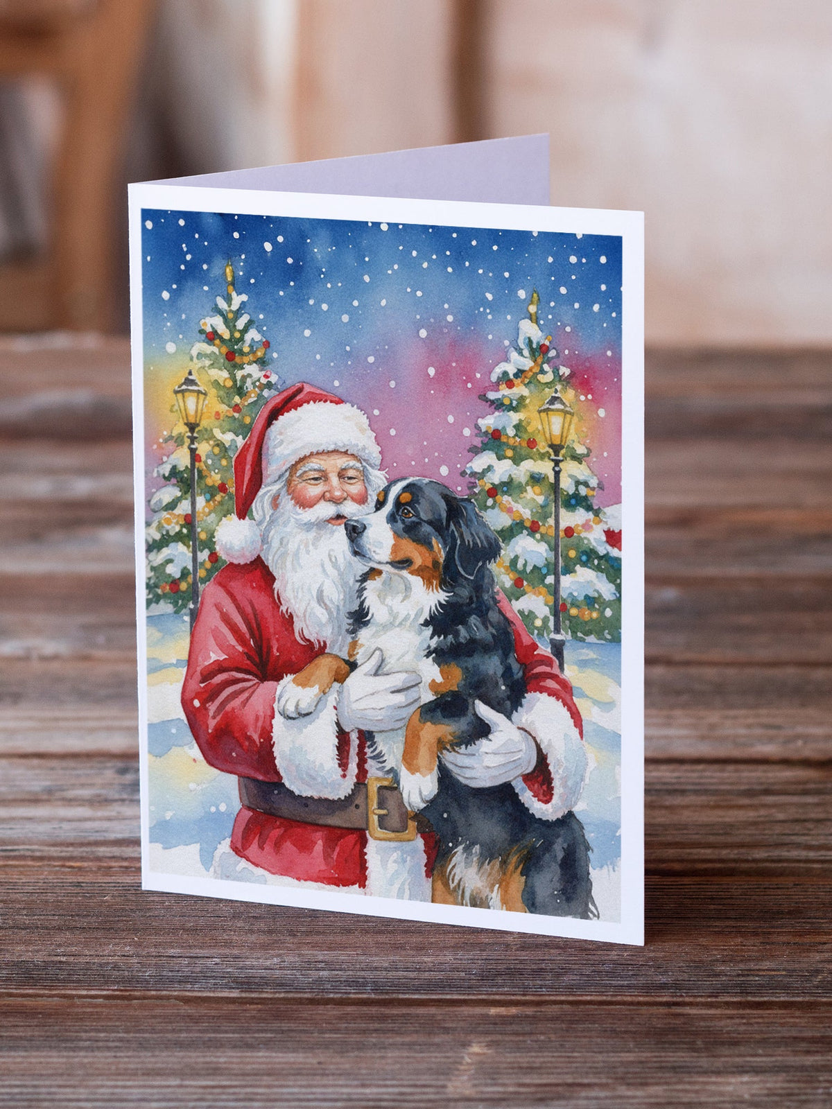 Bernese Mountain Dog with Santa Claus Greeting Cards Pack of 8-1