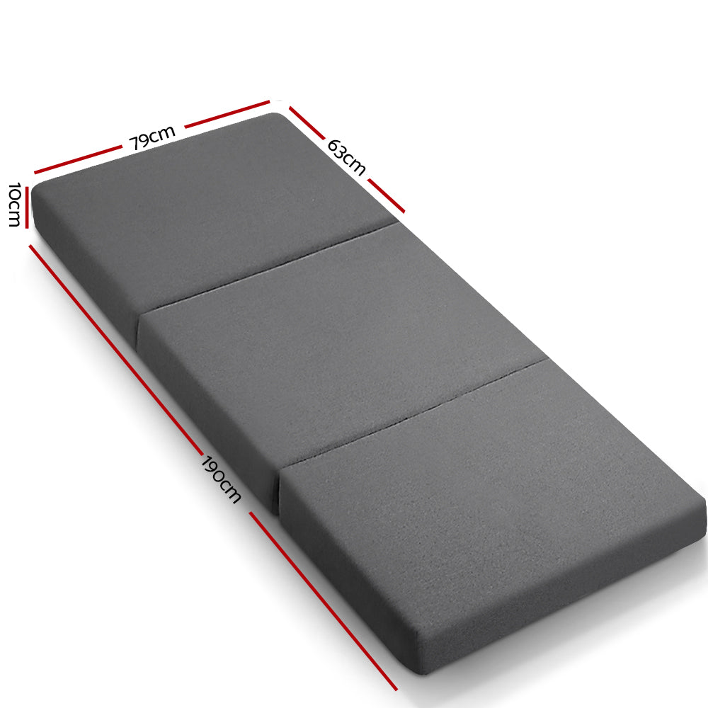 Dark grey folding foam single mattress convertible into a small sofa bed with textured fabric — view 2