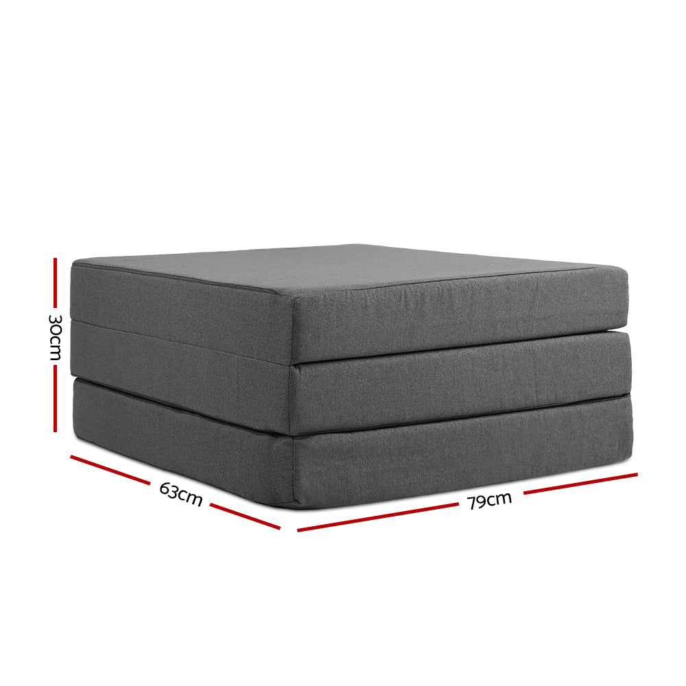 Dark grey folding foam single mattress convertible into a small sofa bed with textured fabric — view 3