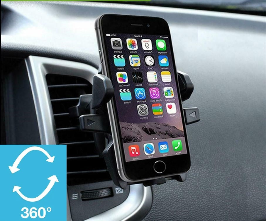 Black one-touch car air vent phone mount securely holding a smartphone on a vehicle dashboard