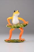 Frog playing on keyboards trinket box in green enamel, plated with 24k gold and Austrian crystals