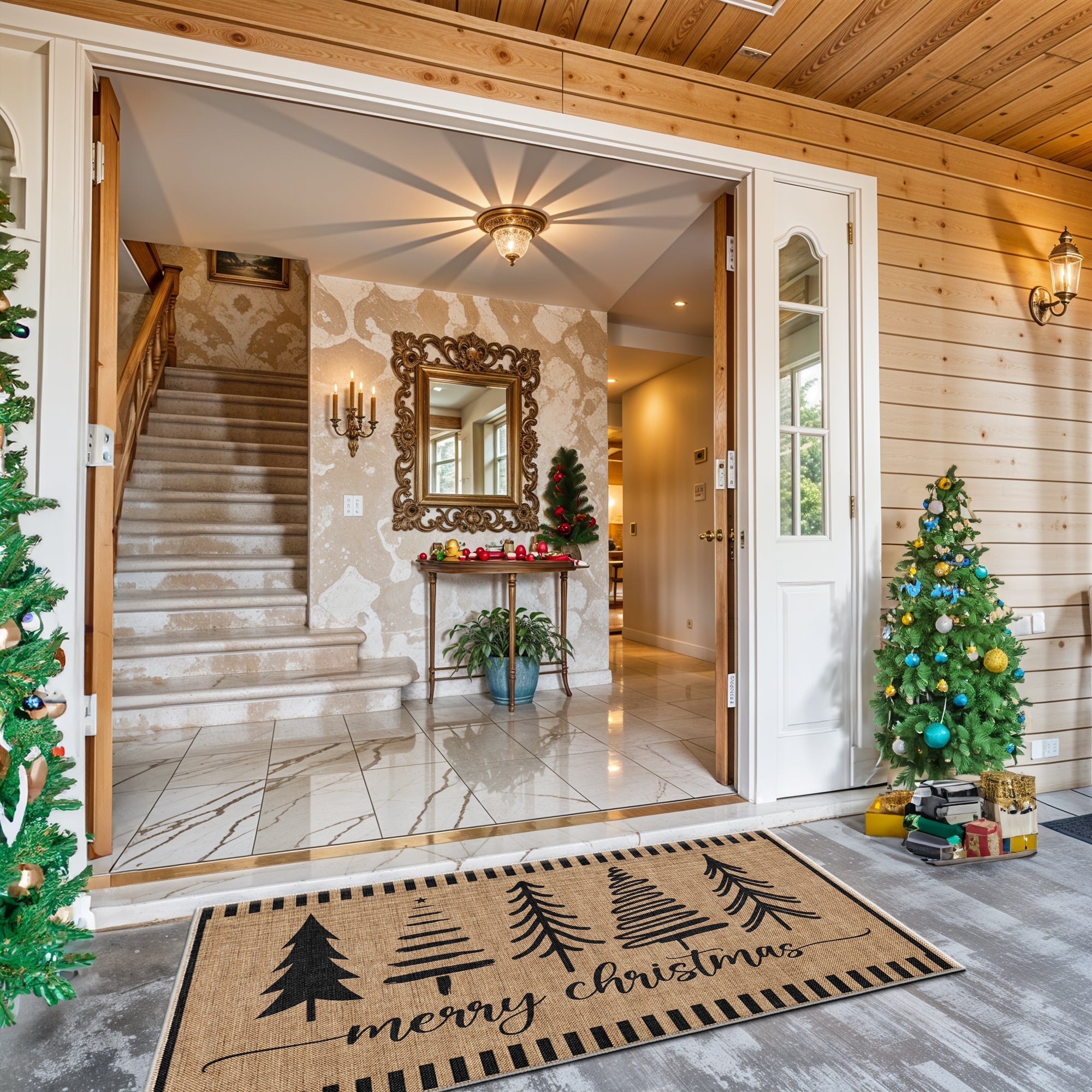 Vermont Christmas doormat in a vintage woven cotton chenille design with a safe non-slip base — view 2