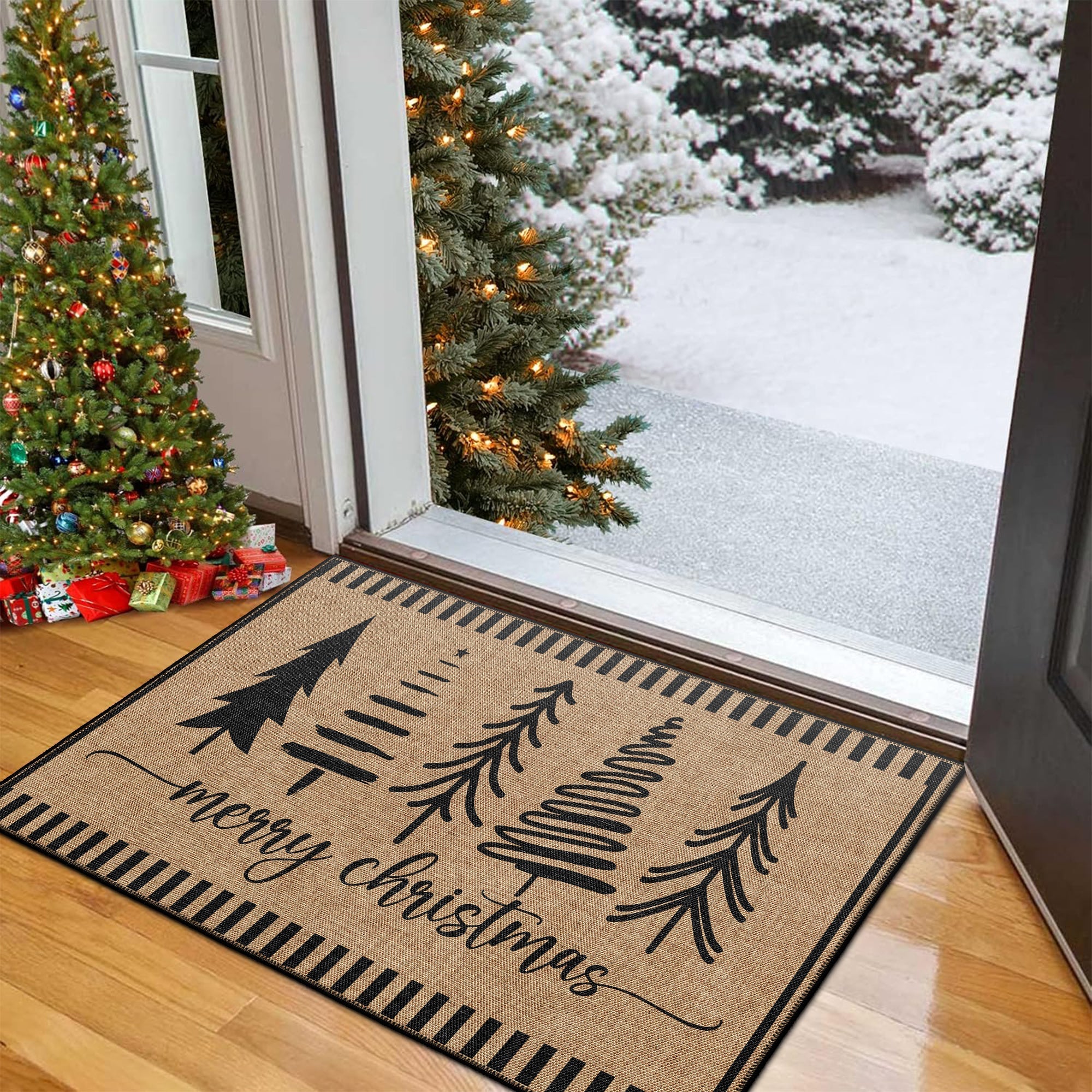 Vermont Christmas doormat in a vintage woven cotton chenille design with a safe non-slip base — view 3