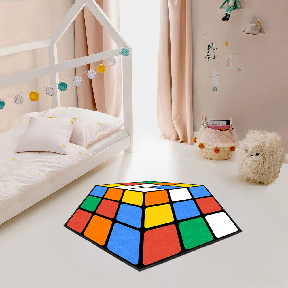 Colorful Rubik's Cube 3D puzzle area rug with low pile and felt non-slip base — view 2