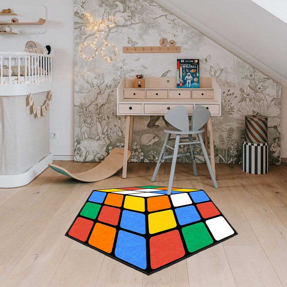Colorful Rubik's Cube 3D puzzle area rug with low pile and felt non-slip base — view 3