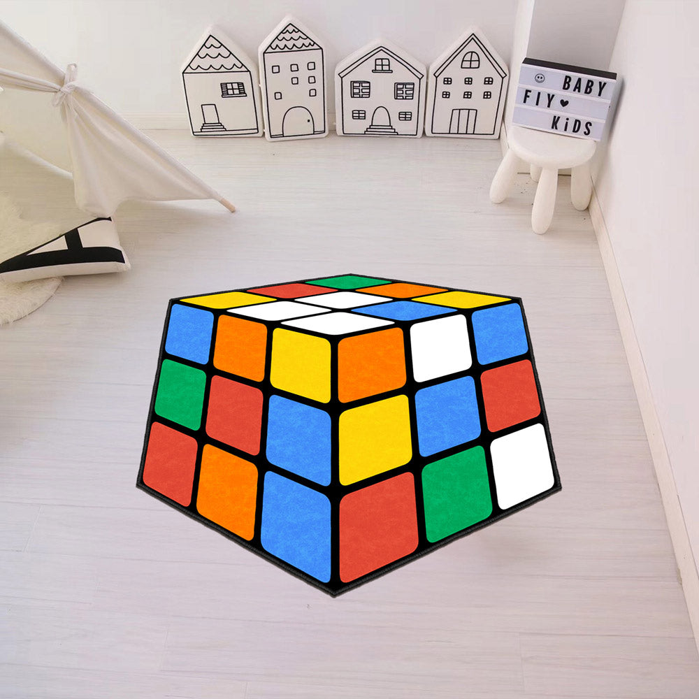 Colorful Rubik's Cube 3D puzzle area rug with low pile and felt non-slip base — view 4