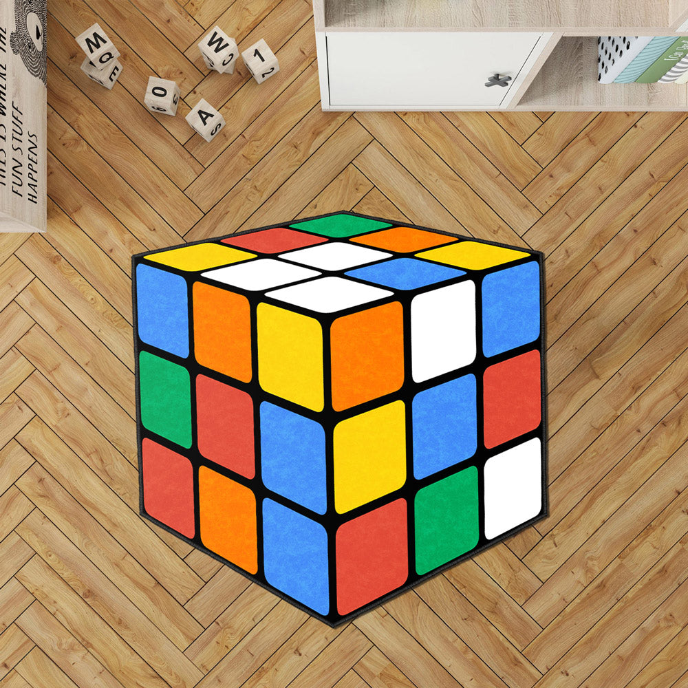 Colorful Rubik's Cube 3D puzzle area rug with low pile and felt non-slip base — view 5