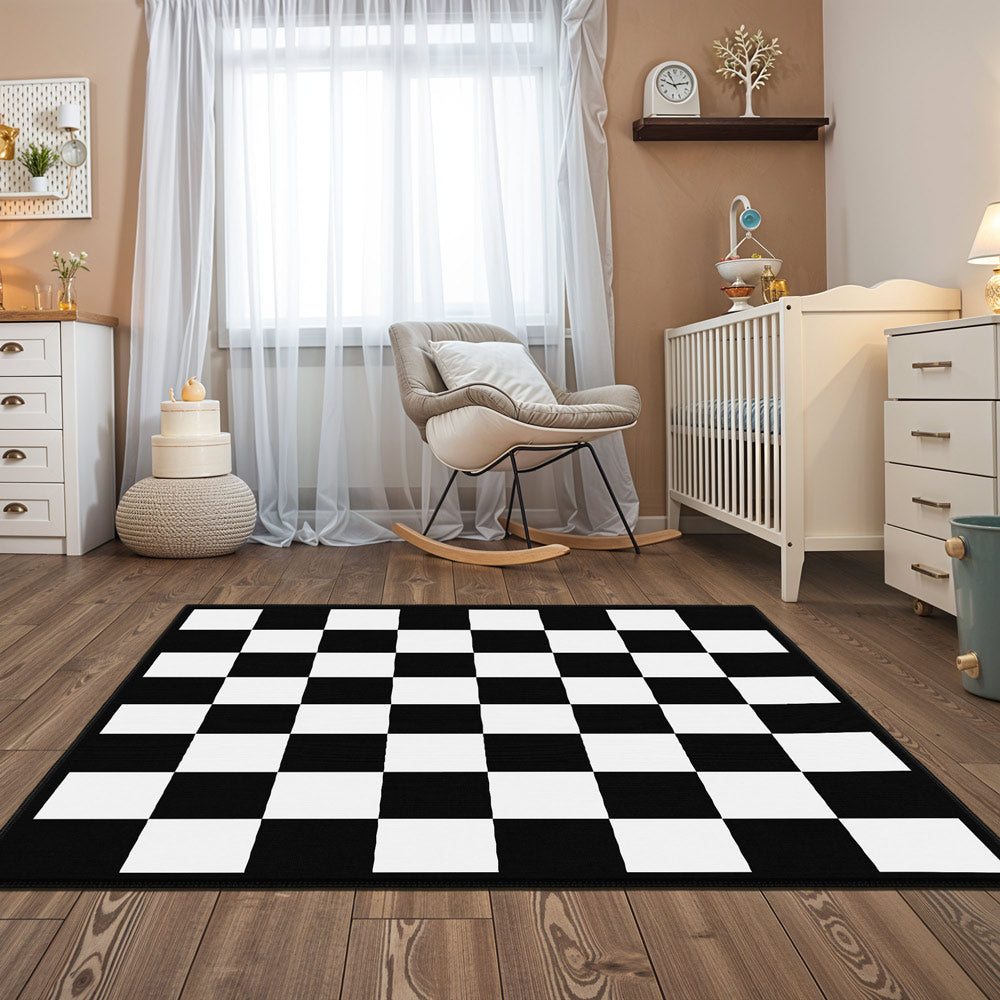 Black and white checkered chess area rug for modern game rooms and living spaces — view 3