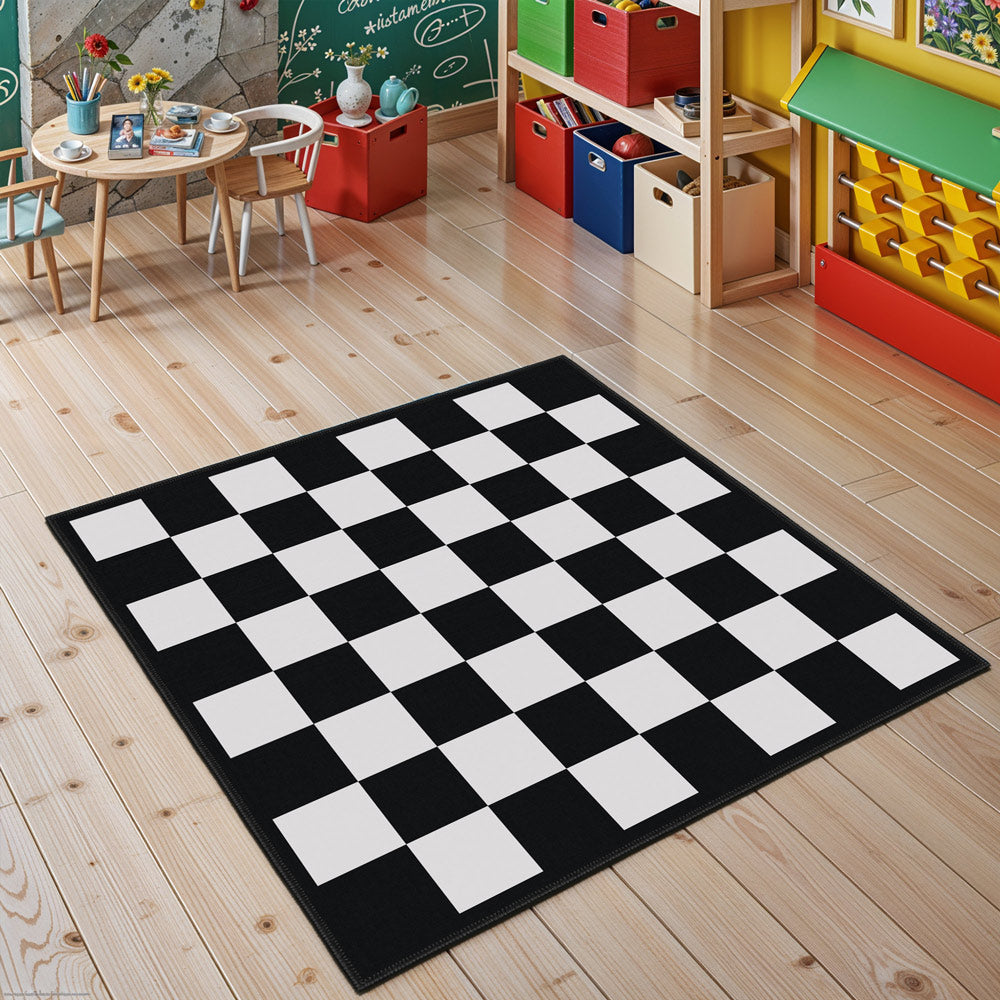 Black and white checkered chess area rug for modern game rooms and living spaces — view 2