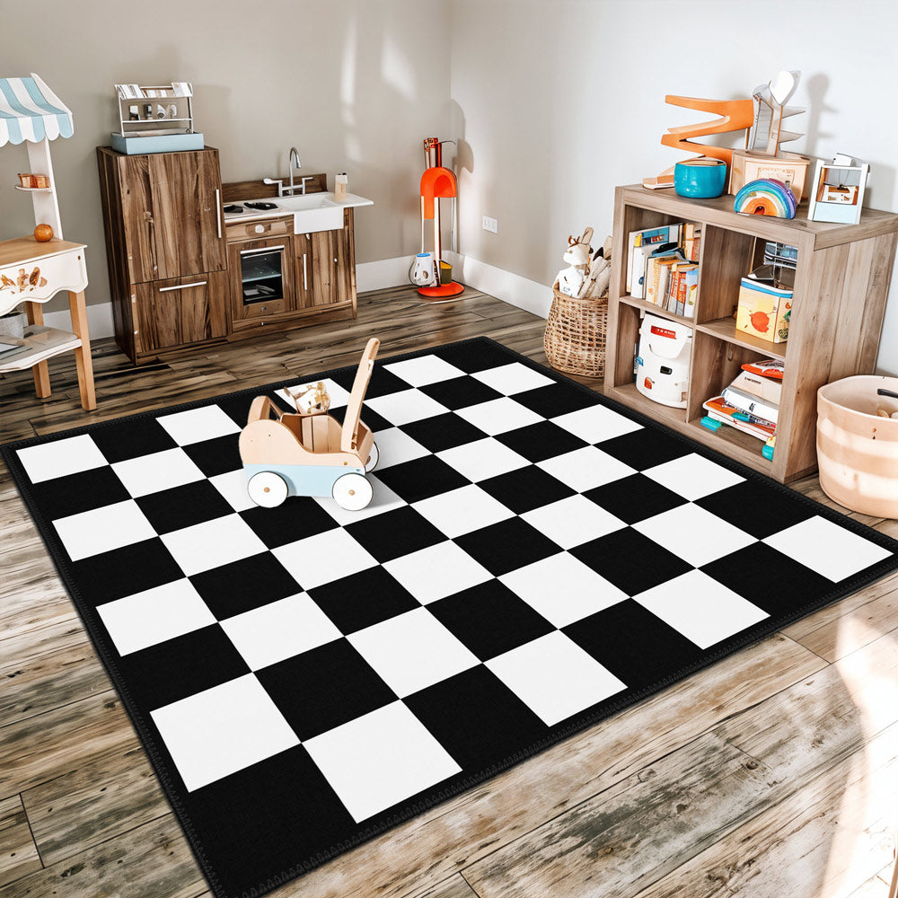 Black and white checkered chess area rug for modern game rooms and living spaces — view 4