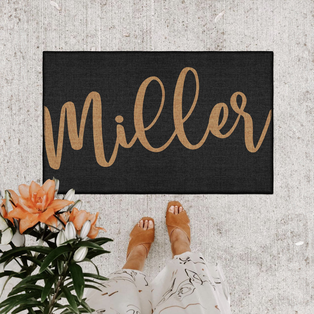 Personalized name door mat in vintage boho style with durable low-pile cotton chenille woven fabric — view 2