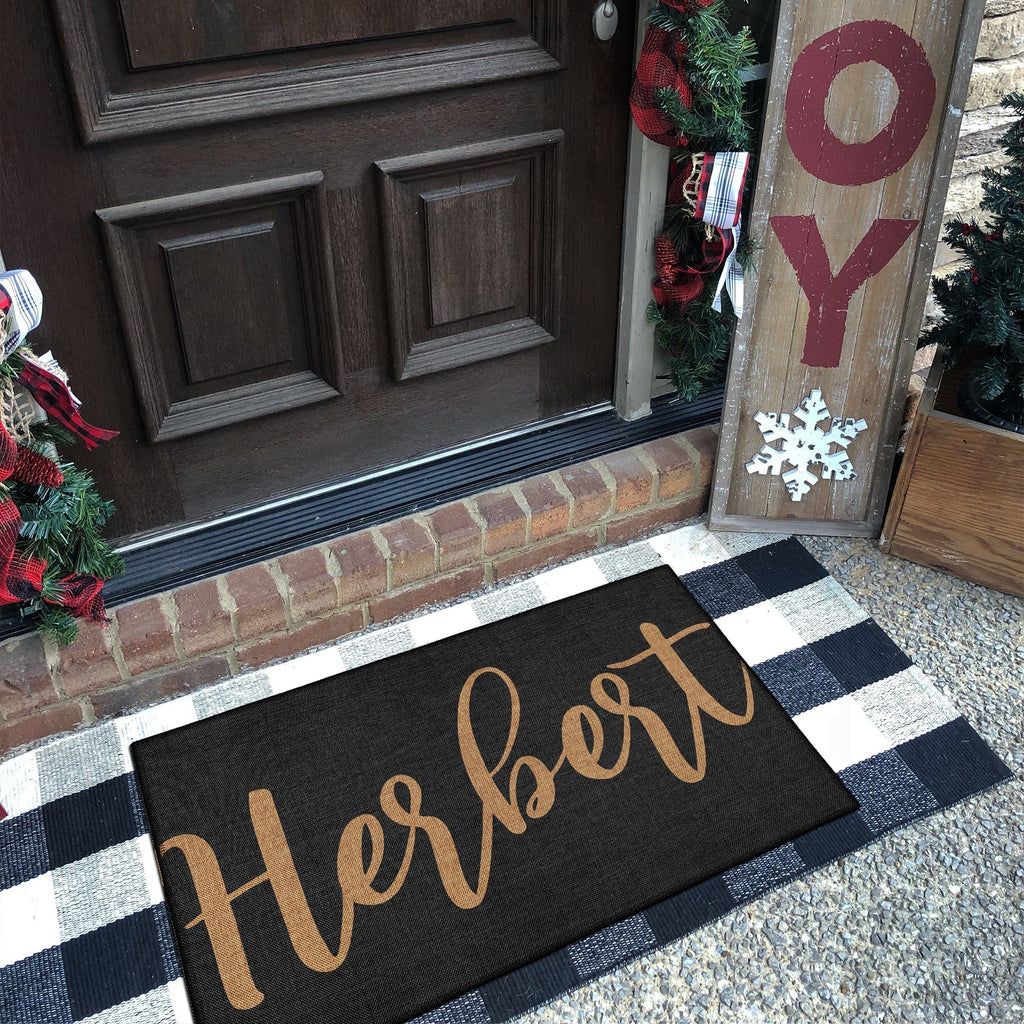 Personalized name door mat in vintage boho style with durable low-pile cotton chenille woven fabric — view 3
