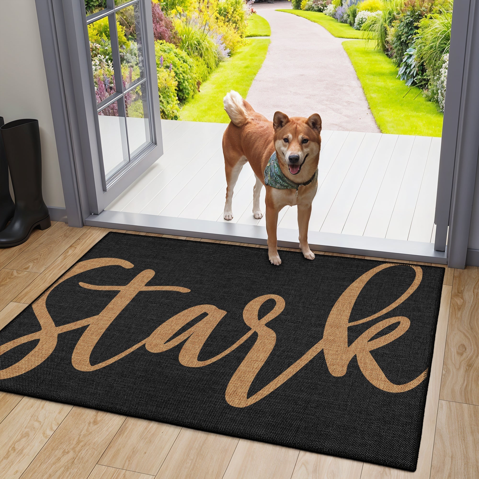 Personalized name door mat in vintage boho style with durable low-pile cotton chenille woven fabric — view 4
