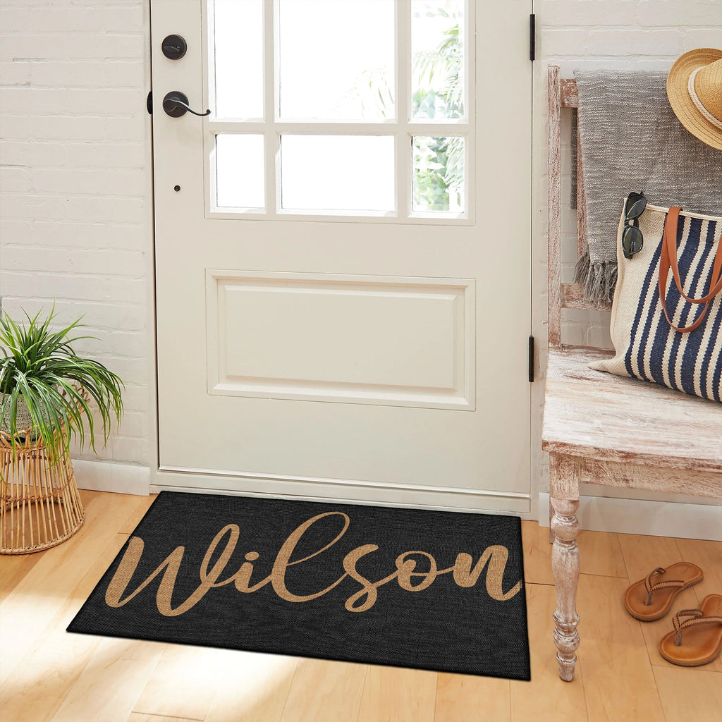 Personalized name door mat in vintage boho style with durable low-pile cotton chenille woven fabric — view 5