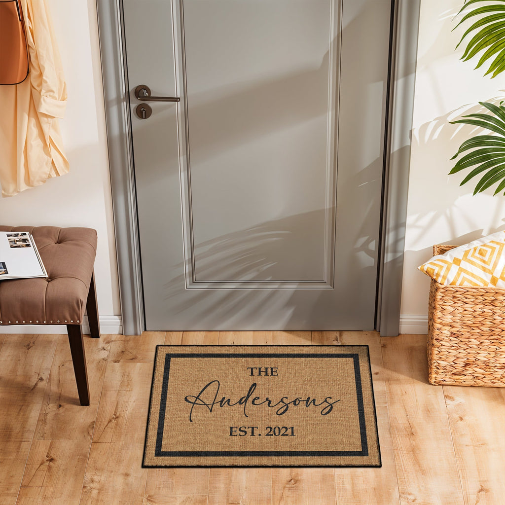 Customizable vintage style cotton doormat featuring a personalized family name and non-slip base — view 2