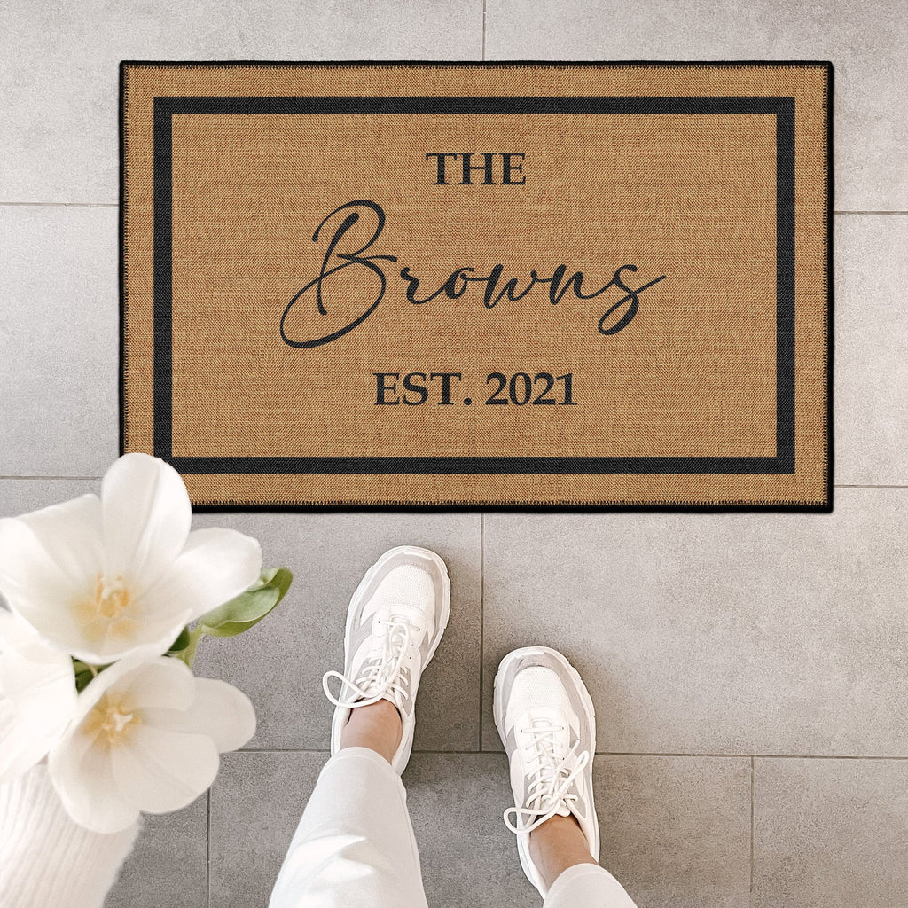 Customizable cotton and chenille vintage doormat with personalized name text on a non-slip base — view 3