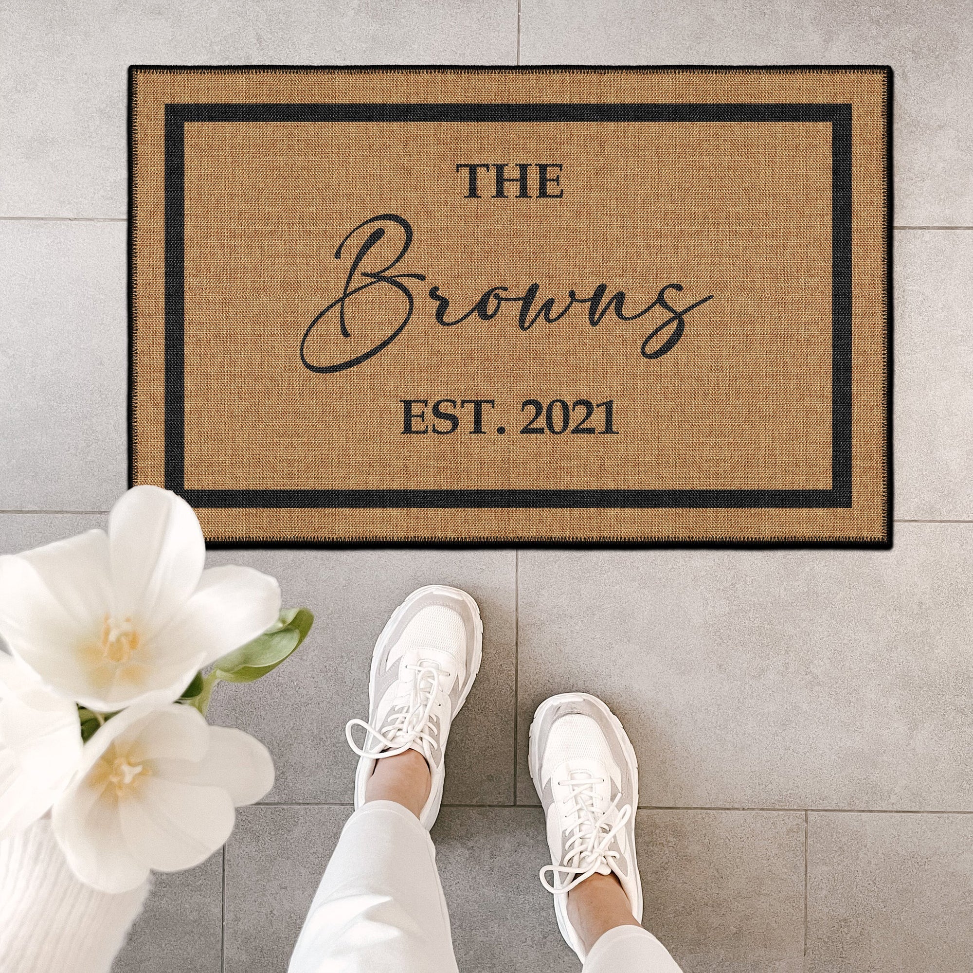 Customizable cotton and chenille vintage doormat with personalized name text on a non-slip base — view 3
