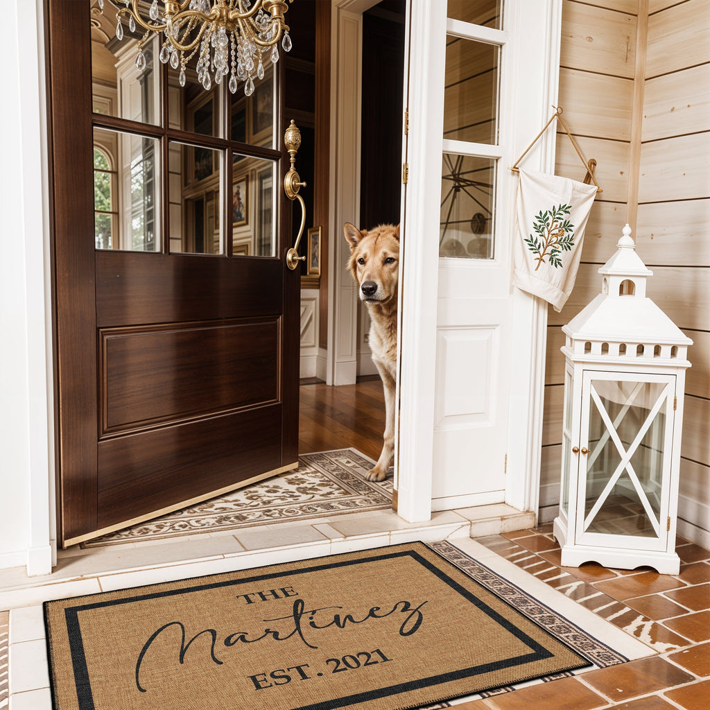 Customizable cotton and chenille vintage doormat with personalized name text on a non-slip base — view 4