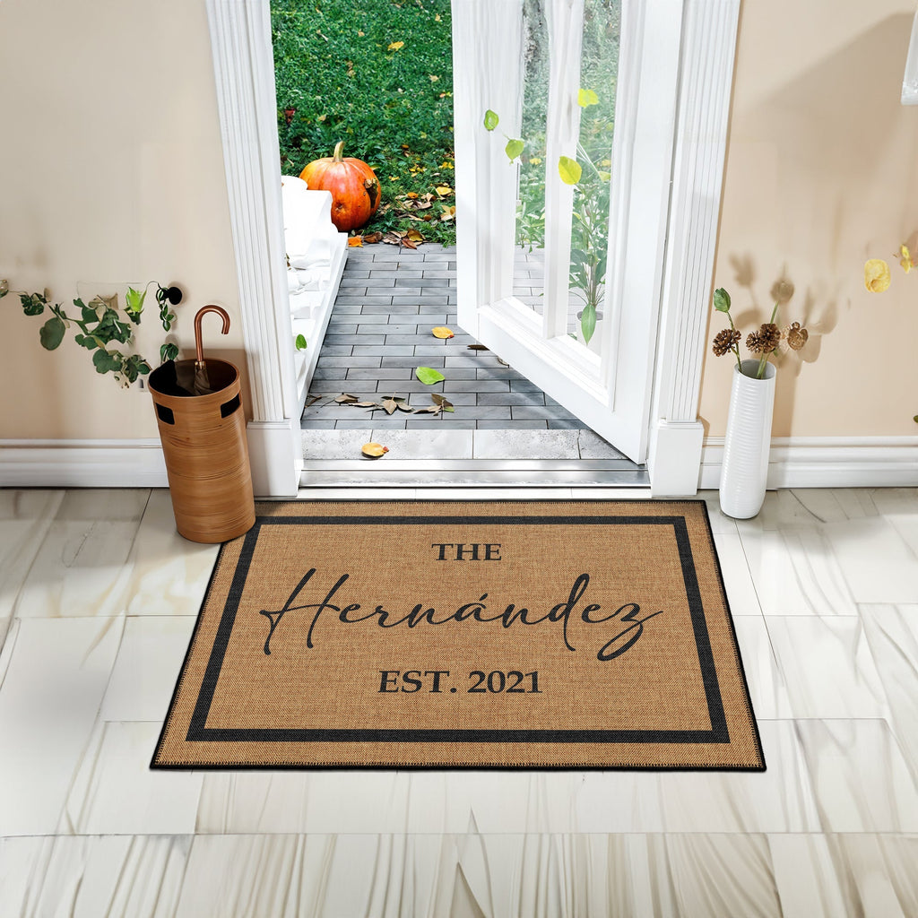 Customizable cotton and chenille vintage doormat with personalized name text on a non-slip base — view 5