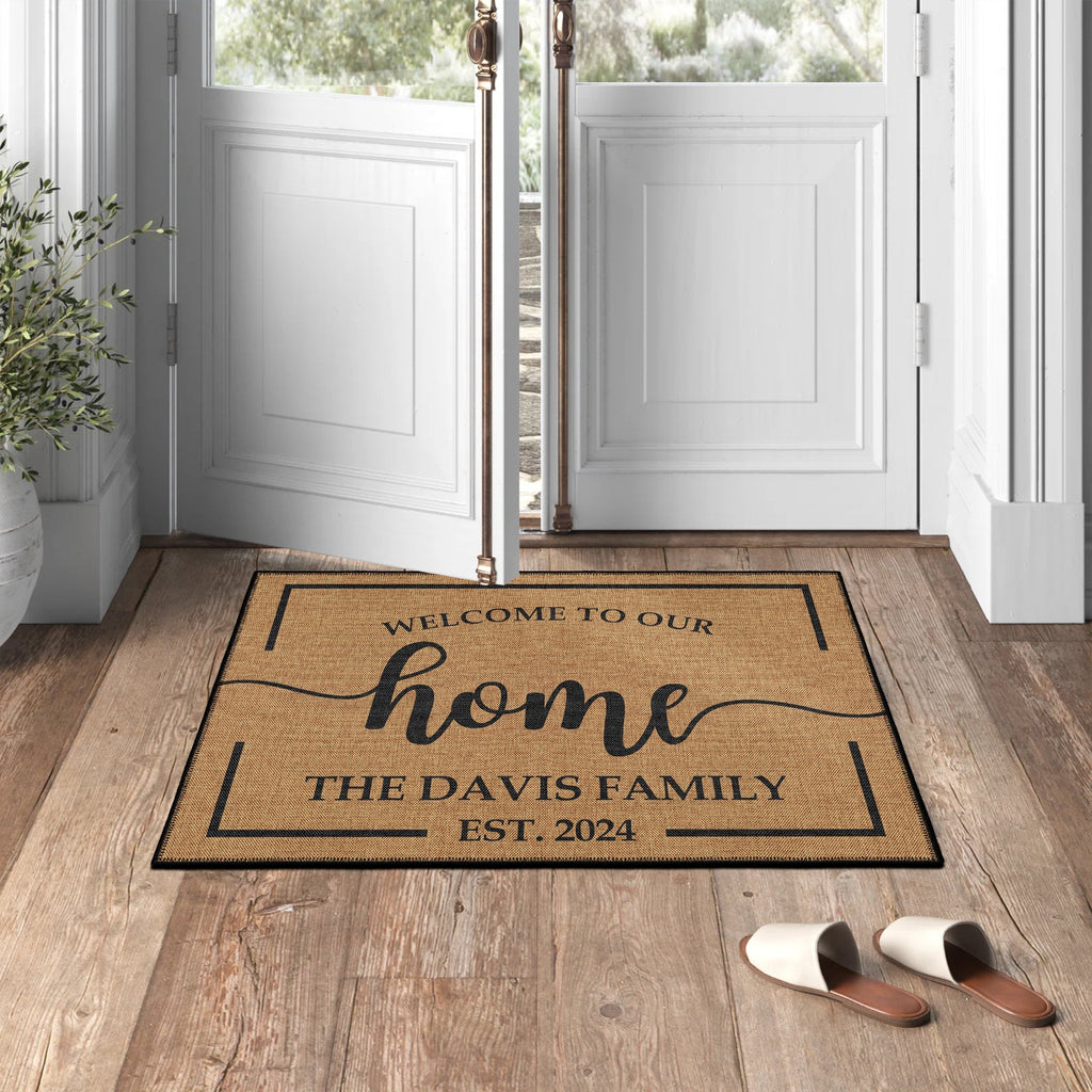 Custom welcome door mat featuring personalized text woven cotton kilim base and vintage boho design. — view 2