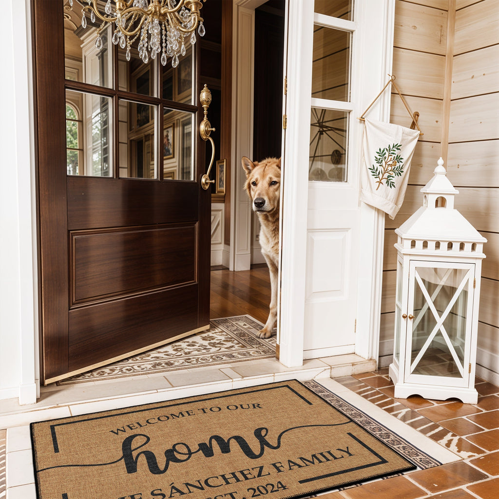 Custom welcome door mat featuring personalized text woven cotton kilim base and vintage boho design. — view 3