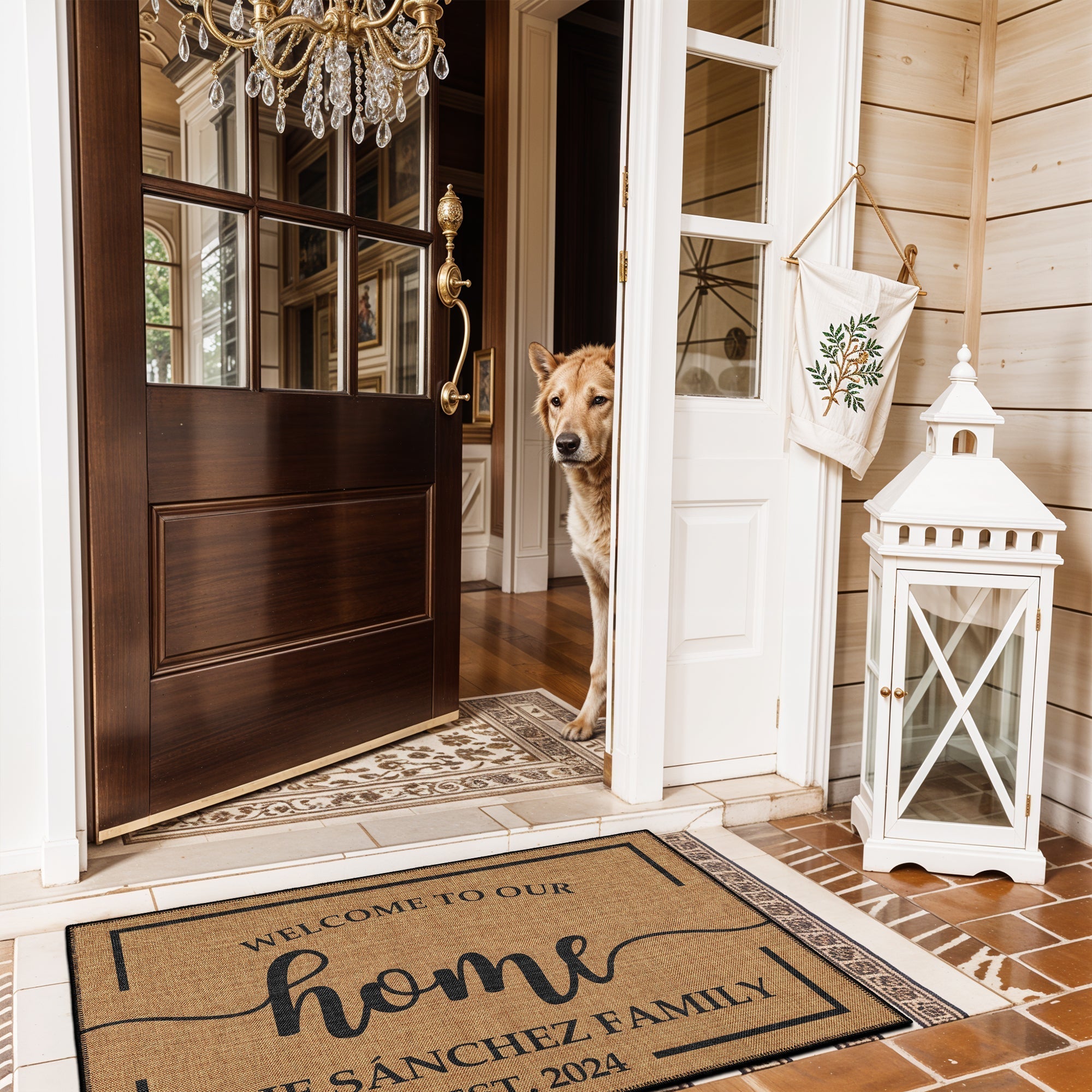 Custom welcome door mat featuring personalized text woven cotton kilim base and vintage boho design. — view 3
