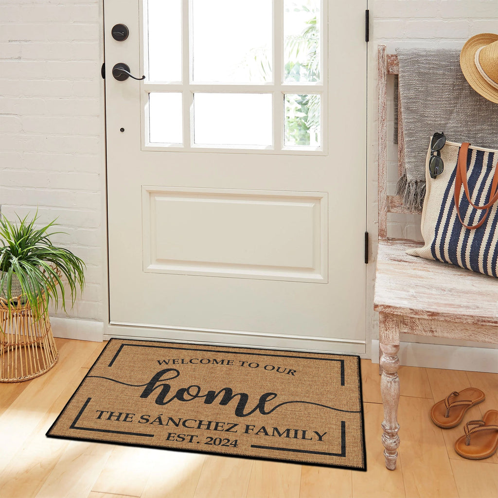 Custom welcome door mat featuring personalized text woven cotton kilim base and vintage boho design. — view 4