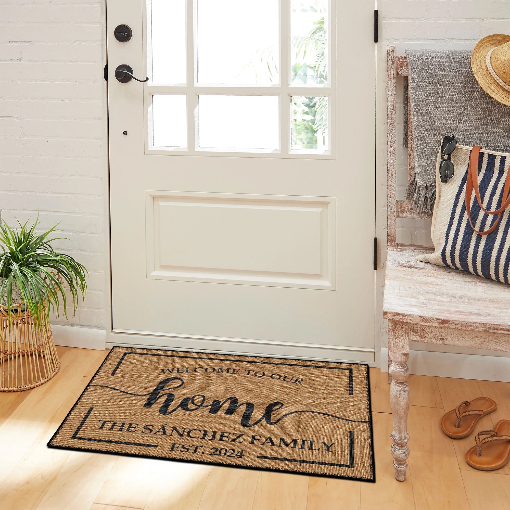 Custom welcome door mat featuring personalized text woven cotton kilim base and vintage boho design. — view 4