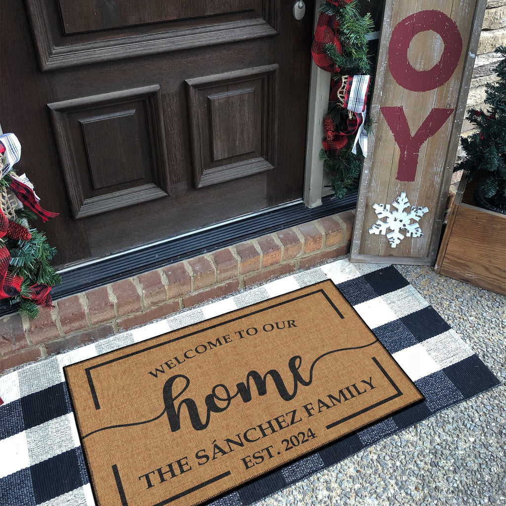 Custom welcome door mat featuring personalized text woven cotton kilim base and vintage boho design. — view 5