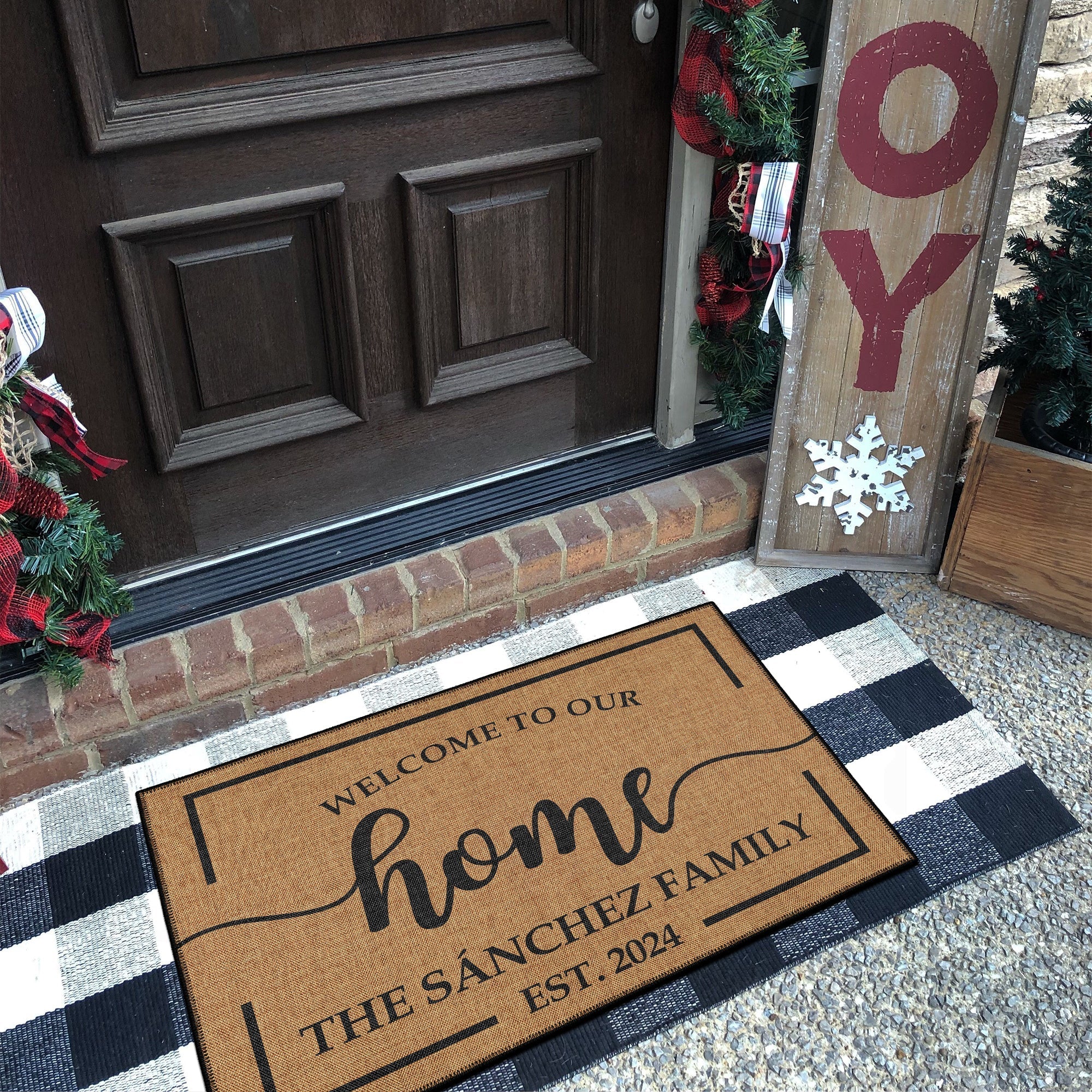 Custom welcome door mat featuring personalized text woven cotton kilim base and vintage boho design. — view 5