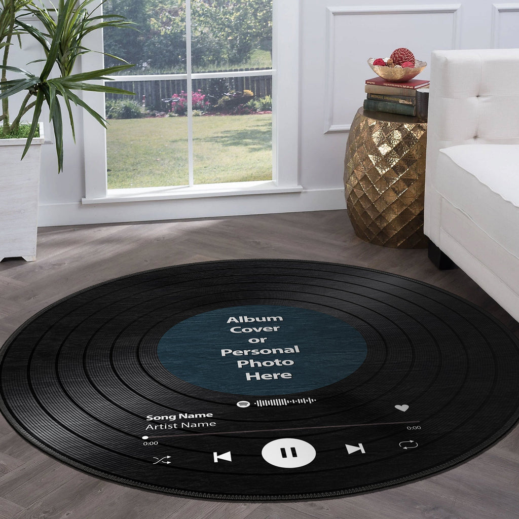 Custom Spotify plaque rug with personalized song title and album cover on chenille woven base — view 2