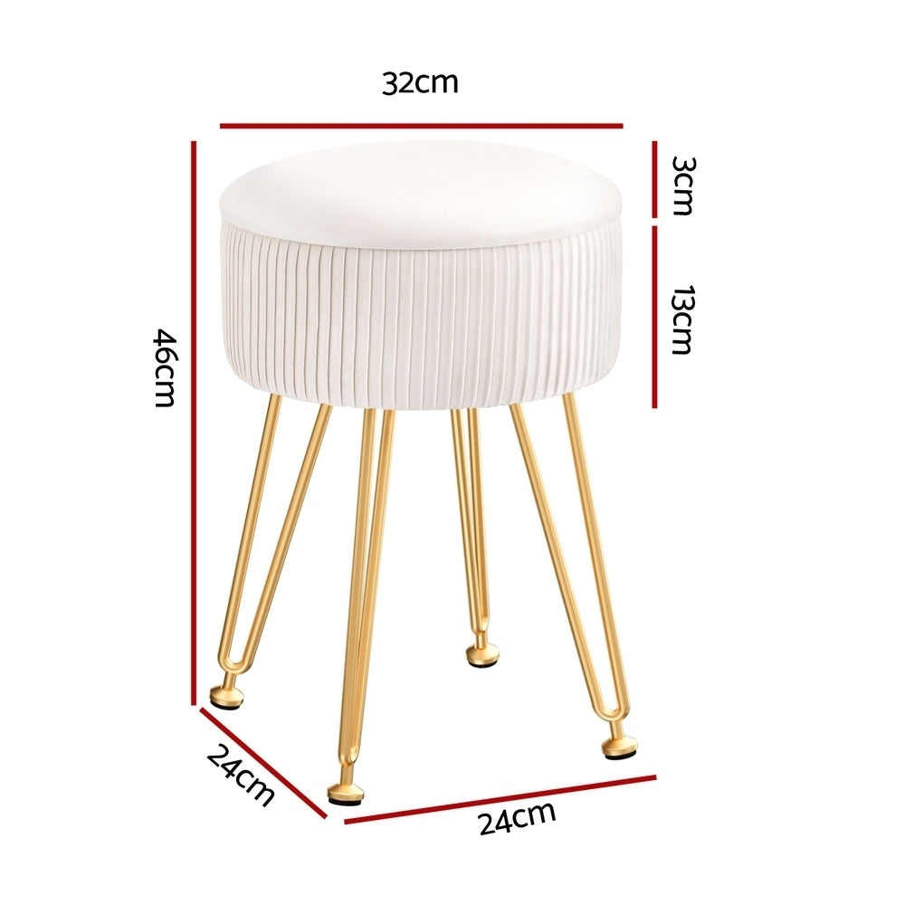 Round white velvet storage ottoman with reversible table lid and adjustable gold metal legs — view 2