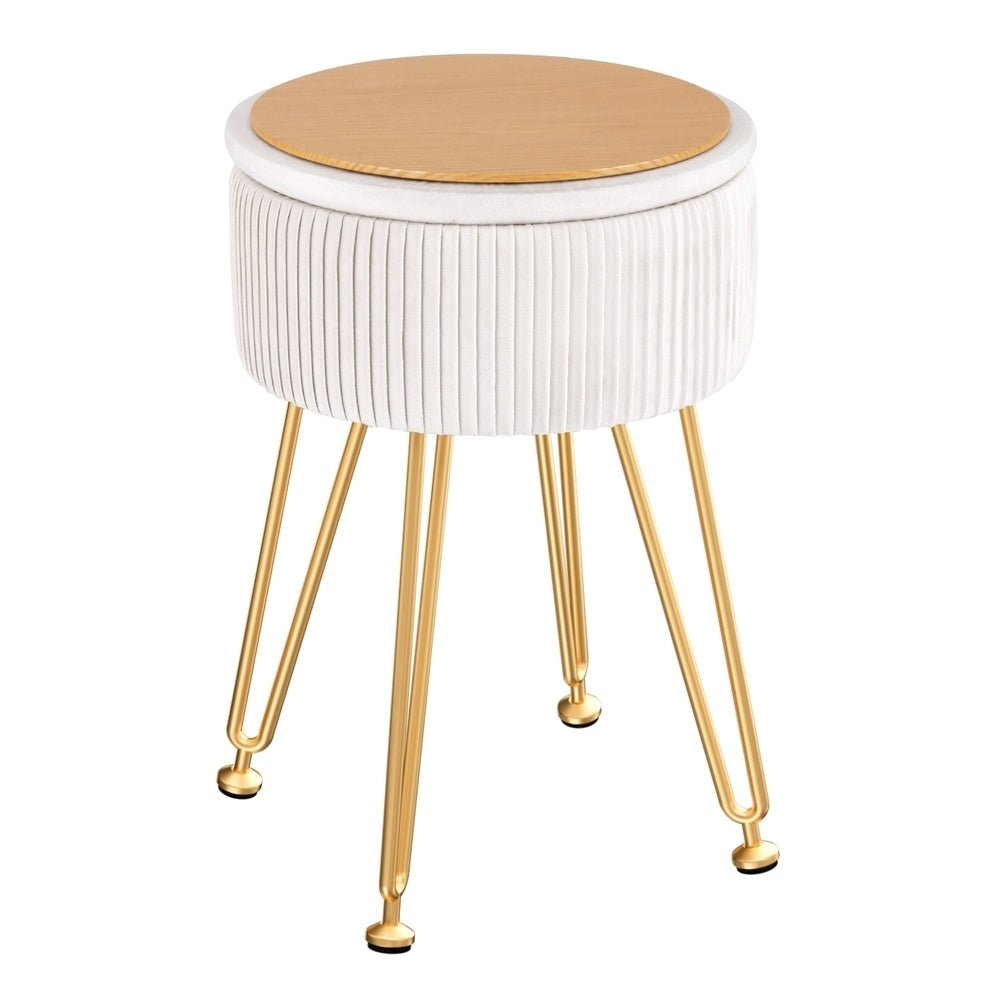 Round white velvet storage ottoman with reversible table lid and adjustable gold metal legs — view 3