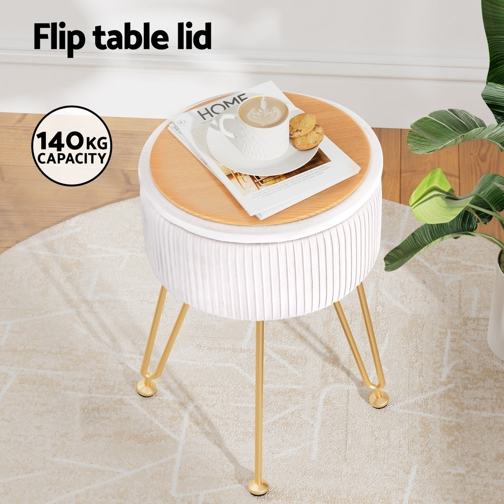 Round white velvet storage ottoman with reversible table lid and adjustable gold metal legs — view 4
