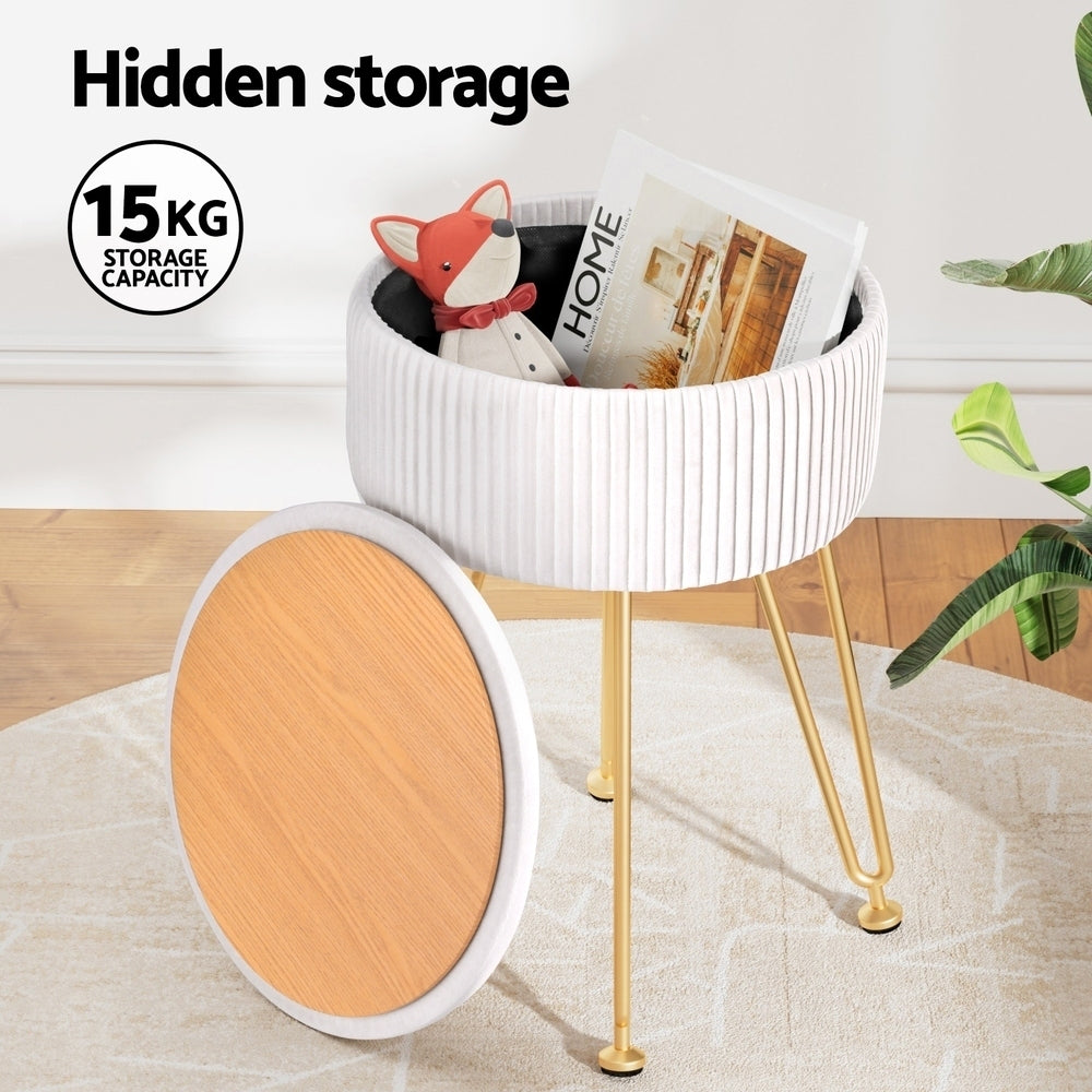 Round white velvet storage ottoman with reversible table lid and adjustable gold metal legs — view 5