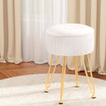 Round white velvet storage ottoman with reversible table lid and adjustable gold metal legs