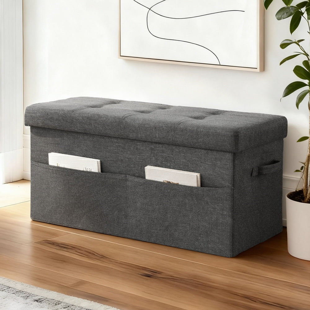 Grey faux linen foldable storage ottoman footstool with high resilience foam seat and MDF frame