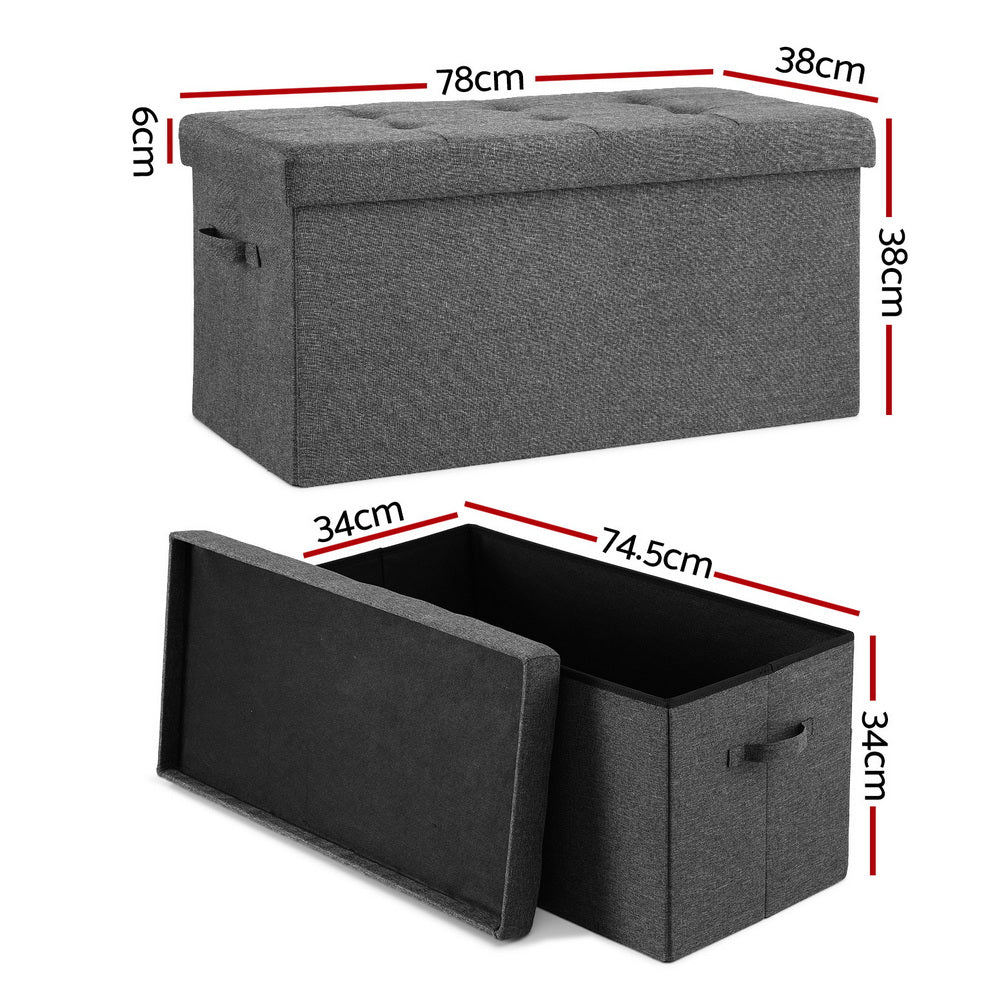 Grey faux linen foldable storage ottoman footstool with high resilience foam seat and MDF frame — view 2
