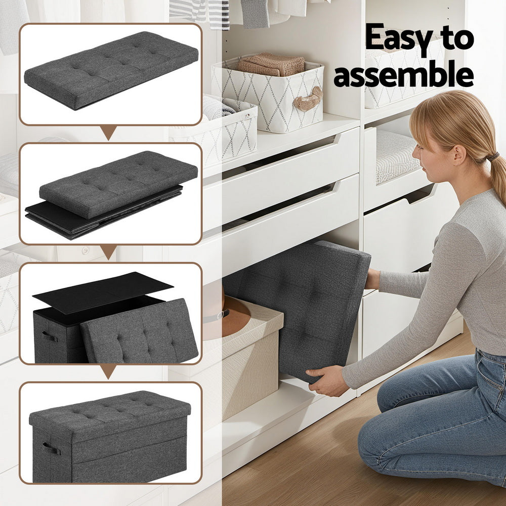 Grey faux linen foldable storage ottoman footstool with high resilience foam seat and MDF frame — view 4