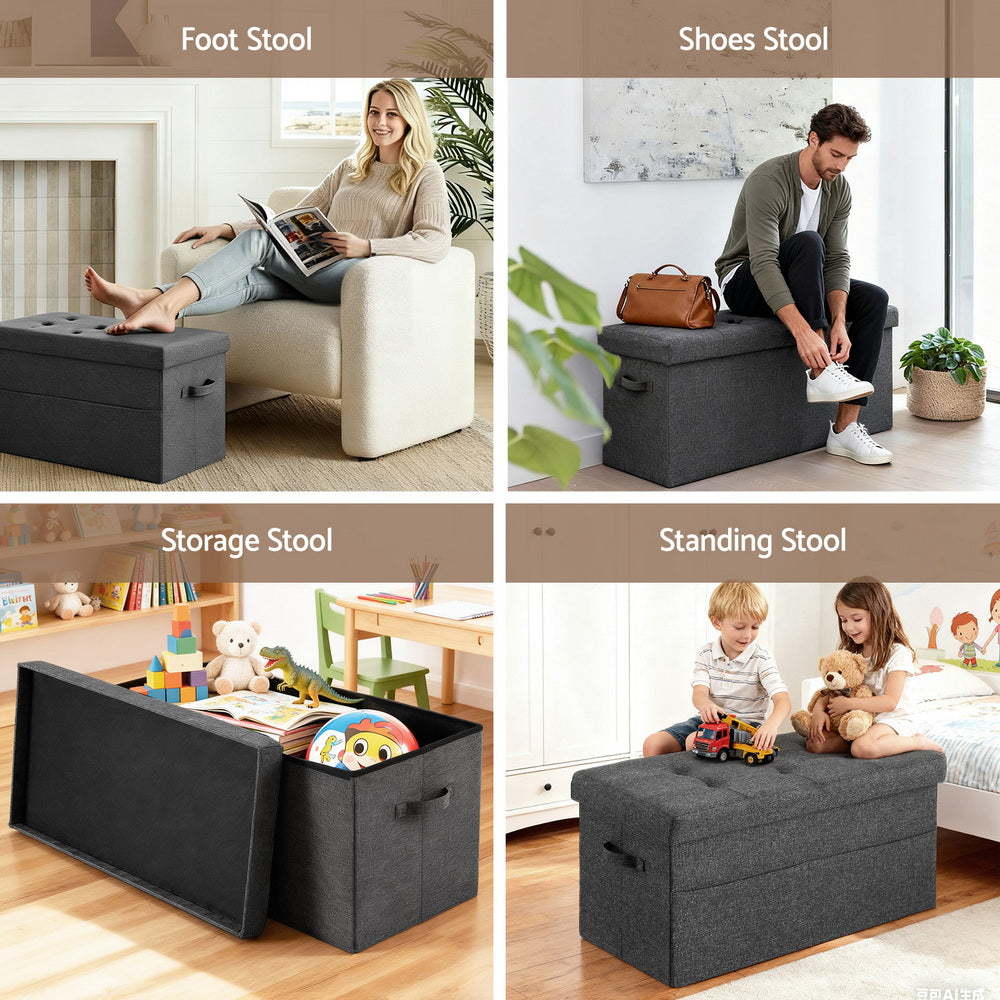 Grey faux linen foldable storage ottoman footstool with high resilience foam seat and MDF frame — view 5