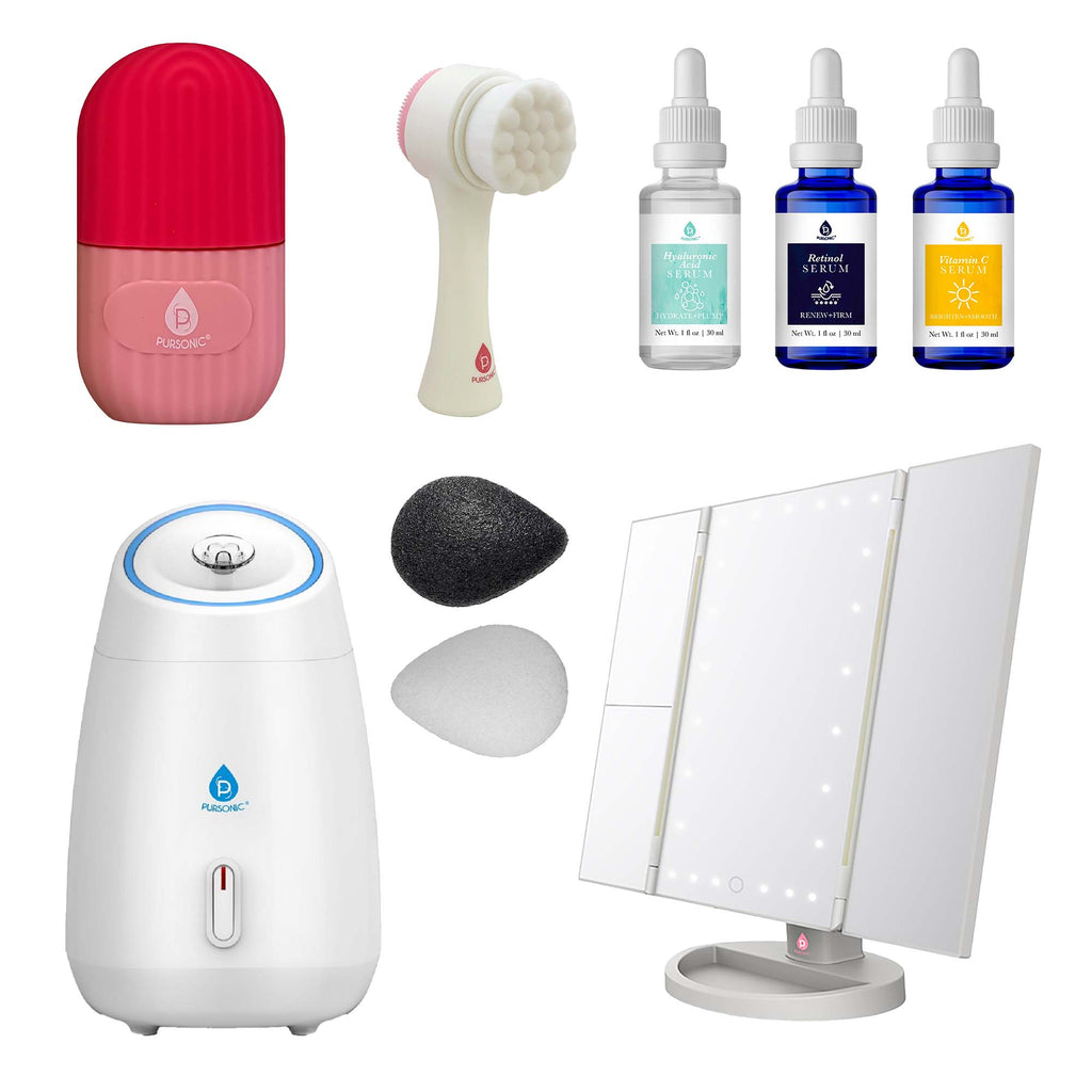 Ultimate skincare beauty bundle with facial steamer LED vanity mirror anti aging serums and ice roller