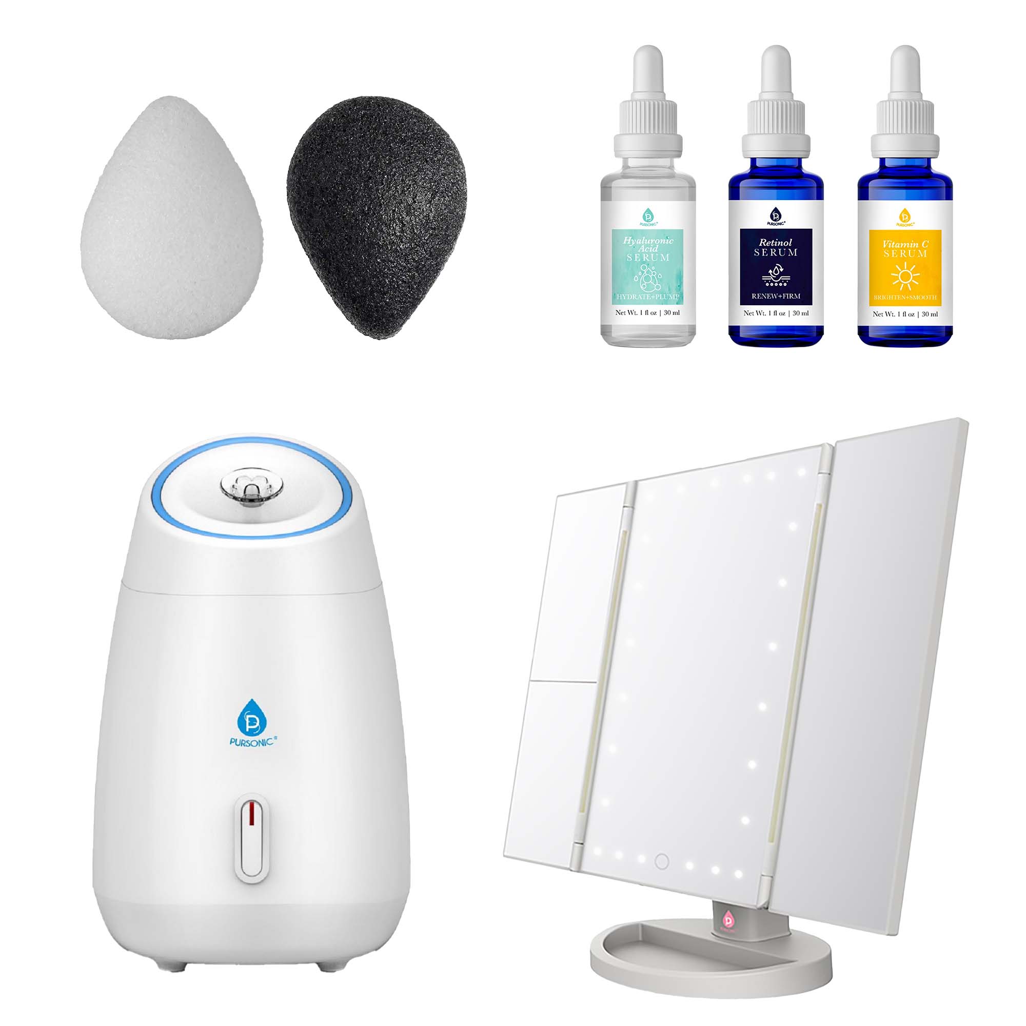 Radiance skincare beauty bundle with tri-fold mirror, facial steamer, three serums, and two konjac sponges