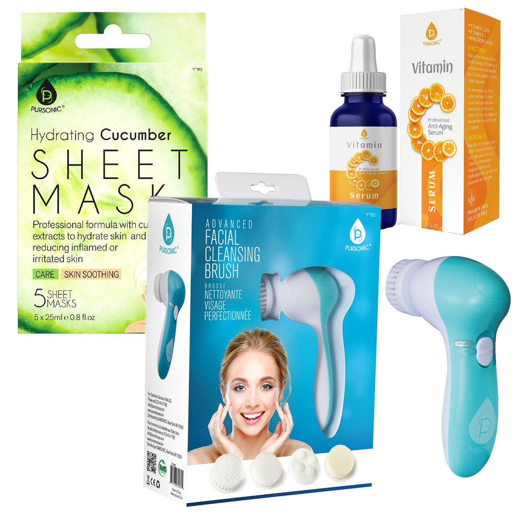 Ultimate skincare gift bundle with advanced facial cleansing brush, cucumber sheet masks, and vitamin C serum