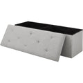 Light grey linen upholstered rectangular storage bench ottoman with wooden frame